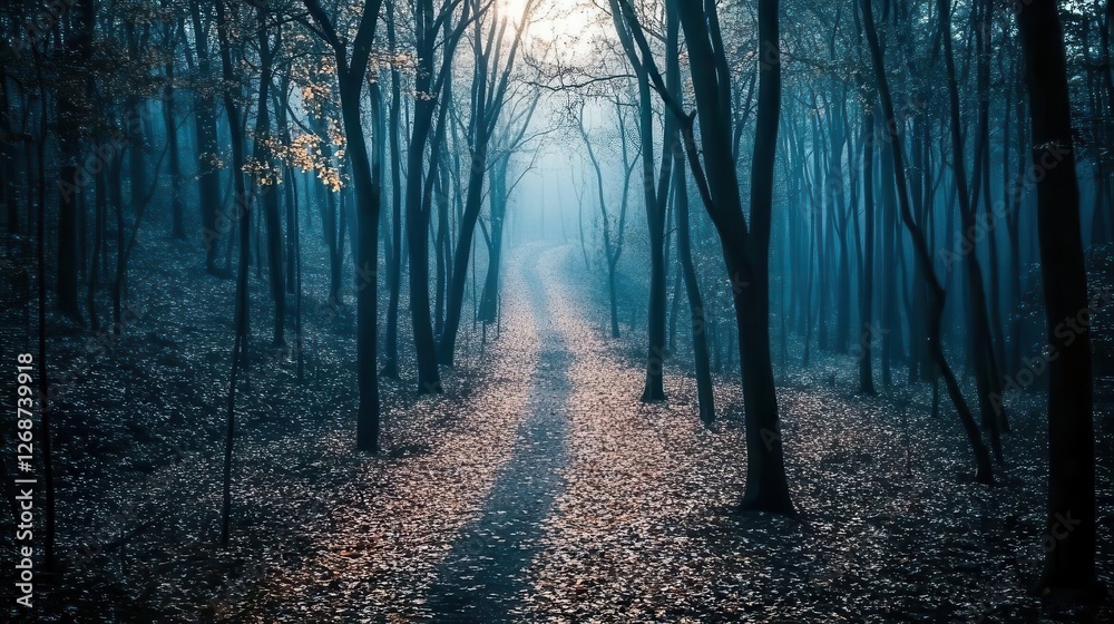 Fototapeta premium A forest background image showcasing a dark forest path leads into the distance, surrounded by tall trees with leaves