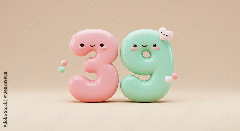 Adorable Pastel 39: Playful 3D Number Design with Cute Faces Adorable Pastel 39: Playful 3D Number Design with Cute Faces