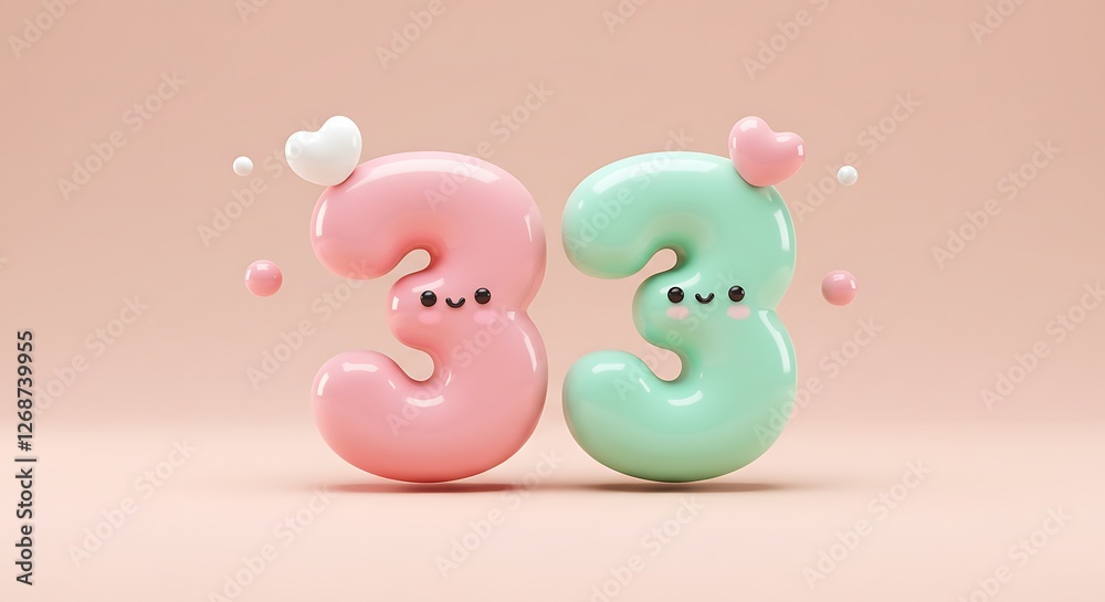 Adorable 3D Number Thirty-Three: Pink and Mint Kawaii Design Adorable 3D Number Thirty-Three: Pink and Mint Kawaii Design