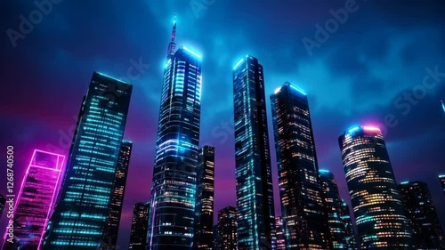 Vibrant city skyline at night, showcasing tall buildings illuminated with neon pink, blue, and teal lights against a dark blue and purple sky. Low