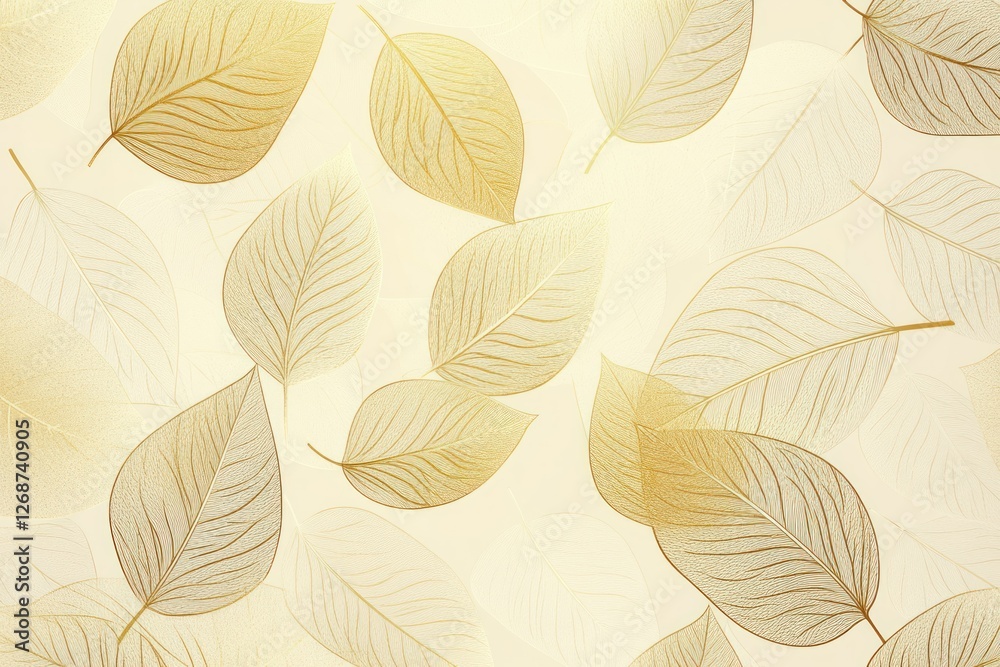 Obraz premium A luxury wallpaper design with intricate gold leaf patterns on a soft beige natural background, featuring elegant line art leaves in a seamless vector style.