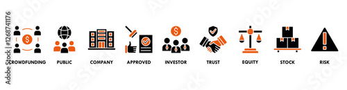 Ipo banner web icon vector illustration concept of initial public offering with icon of crowdfunding, public company, approved, investor, trust, equity, stock and risk