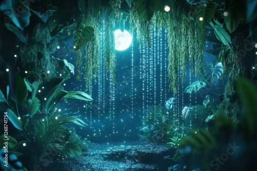A magical jungle scene with coniferous trees dripping with glowing dew under the moonlight.