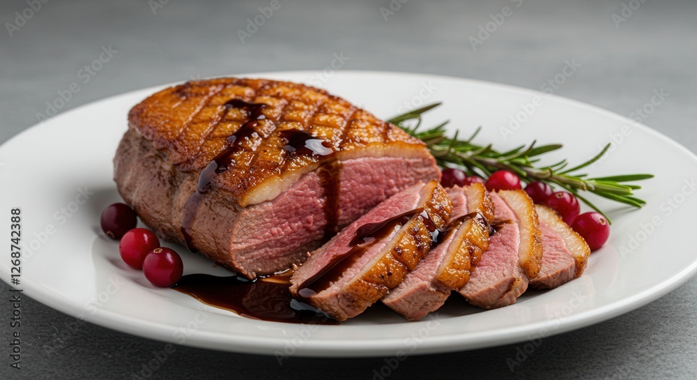 Roasted Duck Breast with Cranberry Sauce and Rosemary Garnish Plated Roasted Duck Breast with Cranberry Sauce and Rosemary Garnish Plated