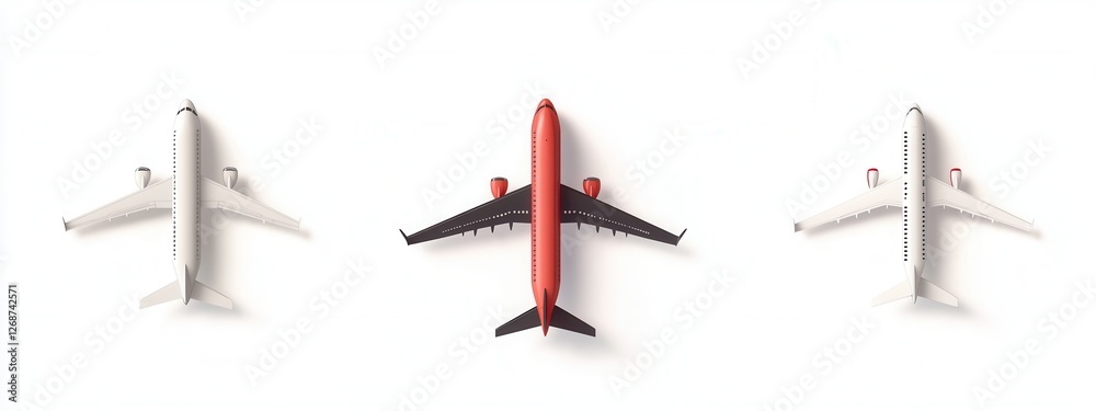 Top View of Three Model Airplanes in Different Colors on a White Background Top View of Three Model Airplanes in Different Colors on a White Background