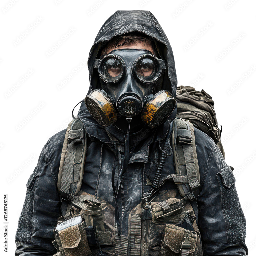 A figure in a gas mask and tactical gear, conveying a sense of survival in a hazardous environment. A figure in a gas mask and tactical gear, conveying a sense of survival in a hazardous environment.