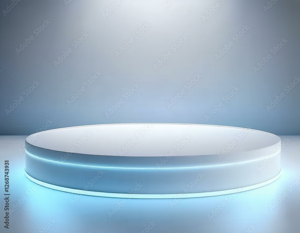 A white, circular podium with a blue neon light around the base sits on a white background. A white, circular podium with a blue neon light around the base sits on a white background.