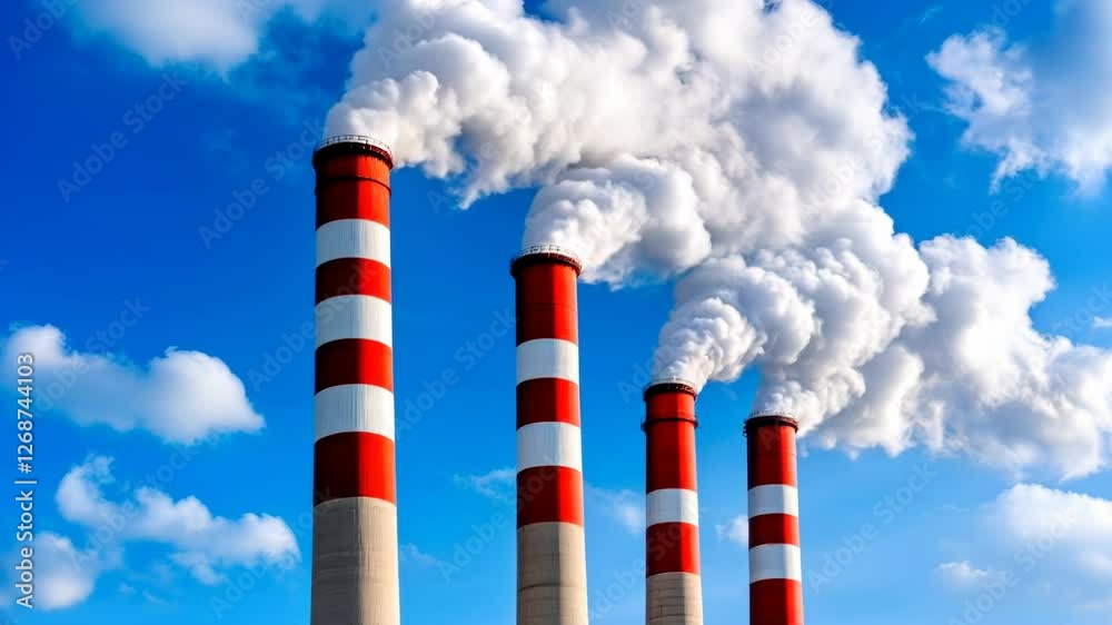 Three red and white striped industrial smokestacks billow white smoke against a vibrant blue sky with fluffy white clouds. A daytime shot Three red and white striped industrial smokestacks billow white smoke against a vibrant blue sky with fluffy white clouds. A daytime shot