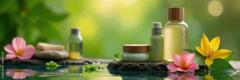 Luxurious herbal cosmetics, calming spa setting, plant, serene Luxurious herbal cosmetics, calming spa setting, plant, serene