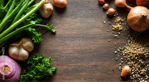 Cooking background, home cooking concept on wooden background, top view, copy space.