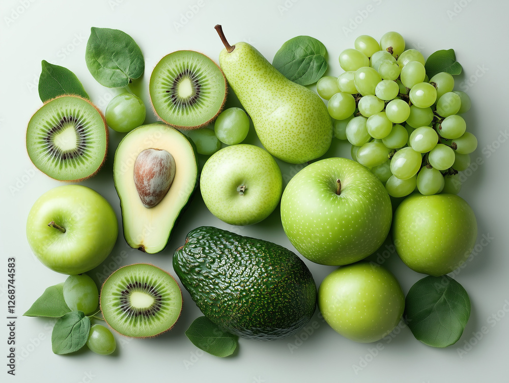 Fototapeta premium A clean composition featuring avocado halves, green apples, kiwi, grapes, and pears, arranged neatly