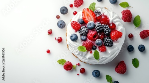 Delicious meringue cake topped with fresh raspberries, blueberries, blackberries, and red currants.