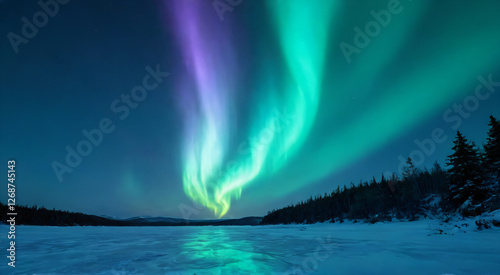Northern lights over the snowy mountains, frozen sea, reflection in water at winter night i. Aurora borealis and snowy rocks. Landscape with polar lights.