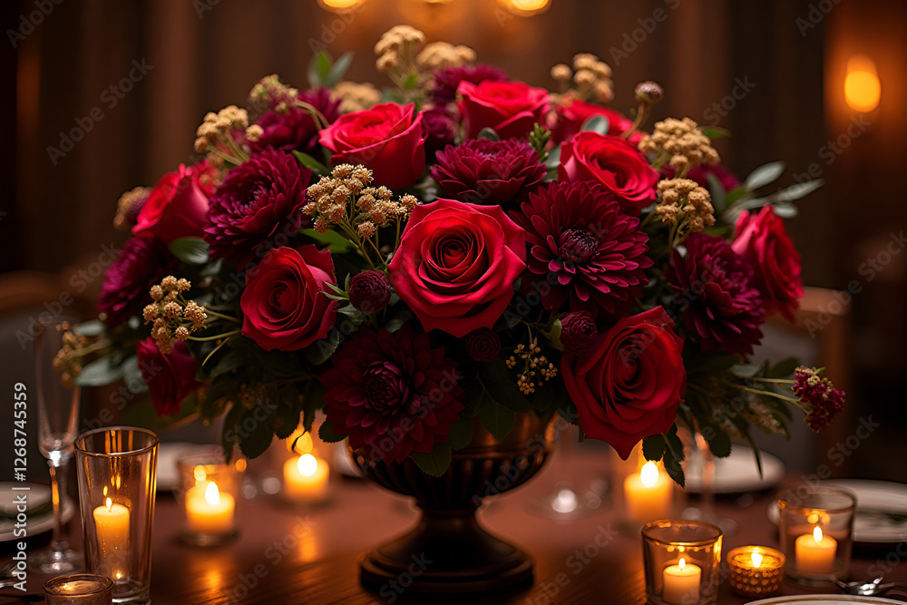 Obraz premium Opulent Floral Centerpiece in Burgundy and Gold Representing Elegance