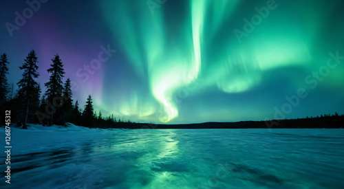 Northern lights over the snowy mountains, frozen sea, reflection in water at winter night i. Aurora borealis and snowy rocks. Landscape with polar lights.