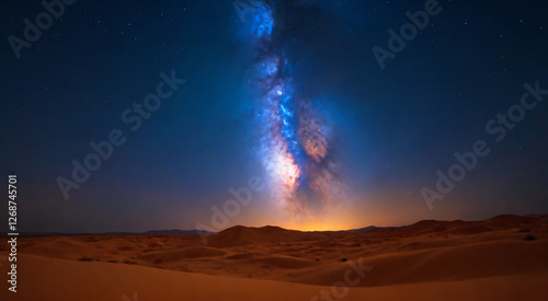 Milky Way acrh over beautifull rocks at starry night in autumn in Dolomites, Italy. Landscape with purple sky with stars and bright arched milky way over high alpine rocky mountains. Space. Nature