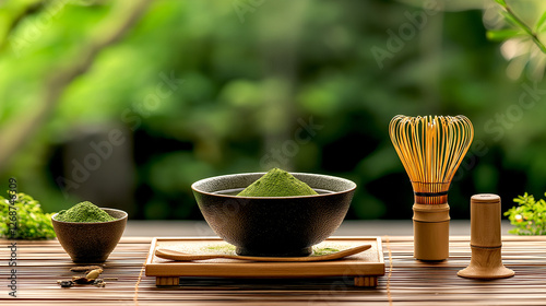 Matcha tea (green tea) ceremony powder and accessories on dark background. Matcha bowl, Japanese tea Utensil, Chasen (tea whisk).  Healthy drink antioxidant ingredient.Traditional japanese drink.