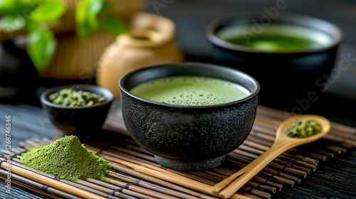 Flatlay Matcha tea (green tea) ceremony powder and accessories on bamboo plate and dark background. Matcha bowl, Japanese tea Utensil.  Healthy drink antioxidant ingredient.Traditional japanese drink.