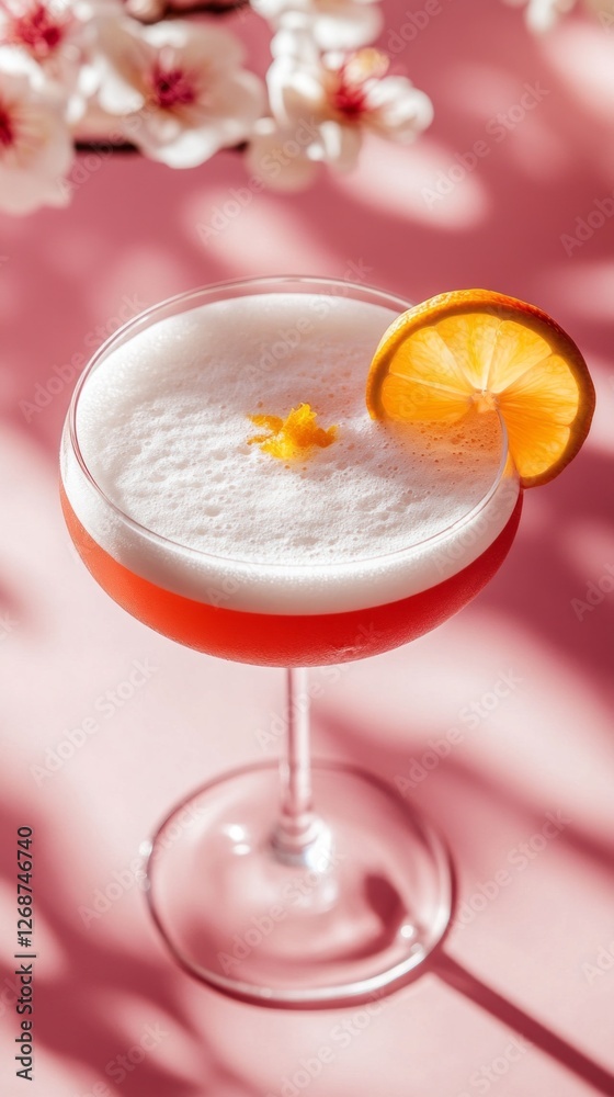 Vibrant red cocktail rests in a stylish coupe glass, crowned with a luscious froth. A slice of citrus adds a burst of color against a soft pink backdrop, creating a delightful visual feast Vibrant red cocktail rests in a stylish coupe glass, crowned with a luscious froth. A slice of citrus adds a burst of color against a soft pink backdrop, creating a delightful visual feast