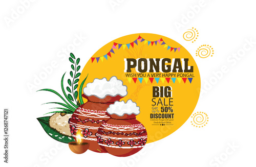 Happy Pongal festival of Tamil Nadu India for card, banner background.