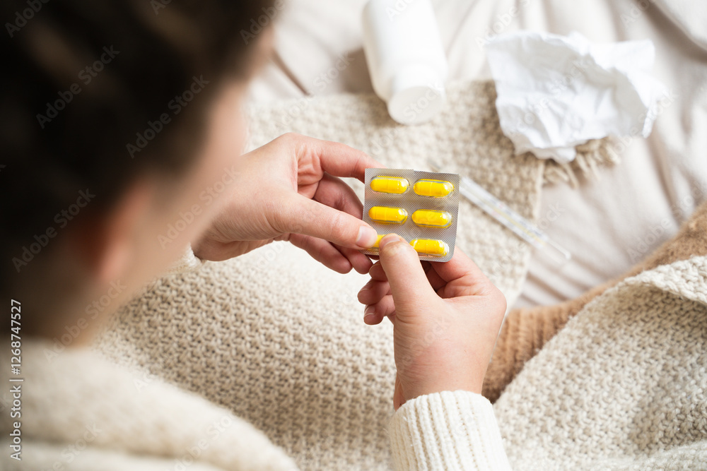 Obraz premium Top view of an unrecognizable sick woman holding a blister pack of pills, surrounded by medical supplies and personal care items. Home treatment and self-care during сold, fever, seasonal flu, viral.