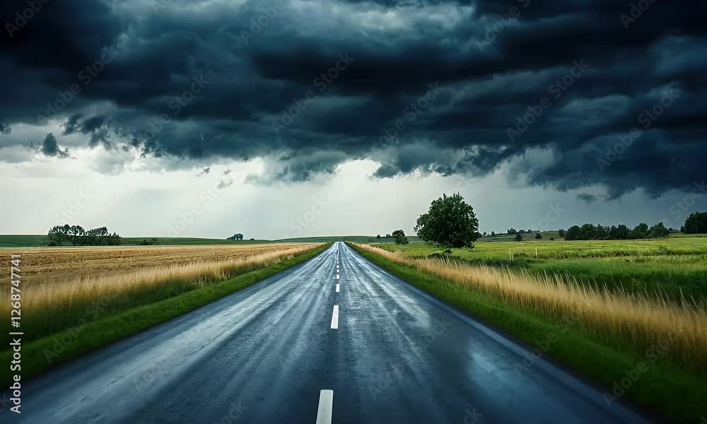 A deserted road stretches into the distance under a dramatic sky filled with dark clouds. A deserted road stretches into the distance under a dramatic sky filled with dark clouds.
