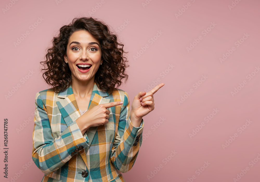 Person pointing with her finger, highlighting with her hand a product or promotional text, business woman outfit aesthetic - isolated background, advertising campaign portrait. Person pointing with her finger, highlighting with her hand a product or promotional text, business woman outfit aesthetic - isolated background, advertising campaign portrait.