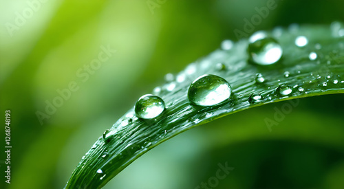 Beautiful water drops after rain on green leaf in sunlight, macro. Many droplets of morning dew outdoor, beautiful round bokeh, selective focus. Amazing artistic image of purity and fresh of nature.