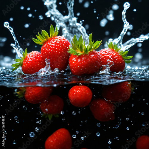 strawberries splashing in water.