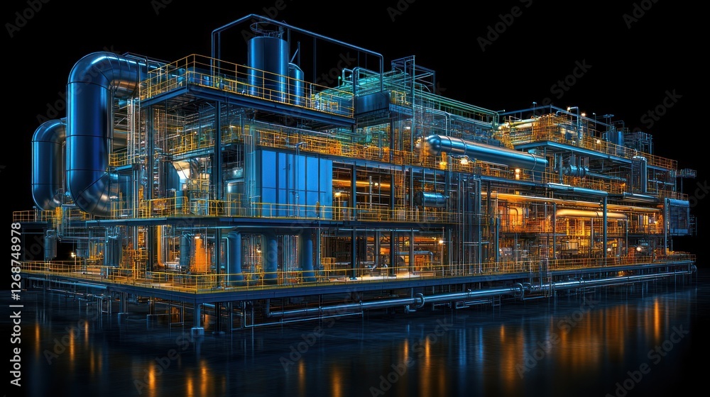 Fototapeta premium Detailed 3D render of an offshore oil rig at night, showcasing its complex infrastructure and illuminated interior.