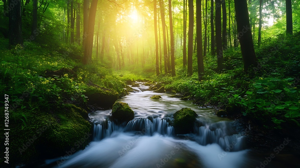 A gentle stream winding through a forest, bathed in soft light filtering through the canopy above. A gentle stream winding through a forest, bathed in soft light filtering through the canopy above.
