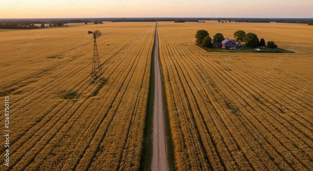 Fototapeta premium Rural Farm Landscape with Windmill and Dirt Road at Sunset