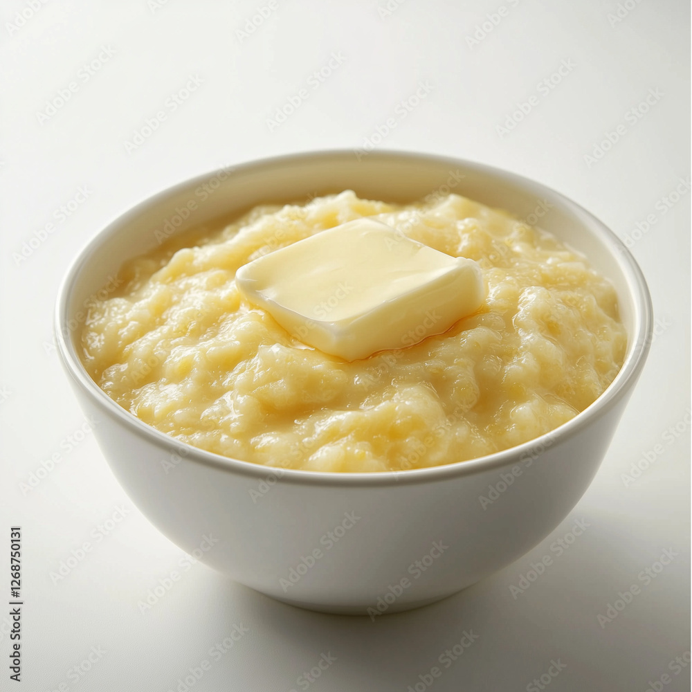 Bowl of mashed potatoes with melted butter on white background. Bowl of mashed potatoes with melted butter on white background.
