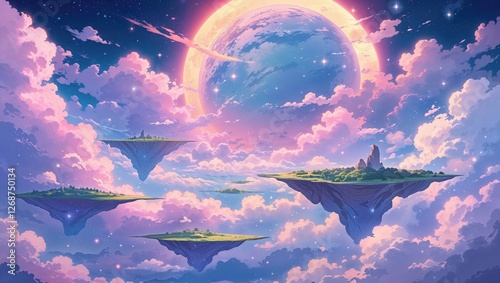 Floating islands surrounded by fluffy clouds and a celestial planet in a vibrant pastel sky