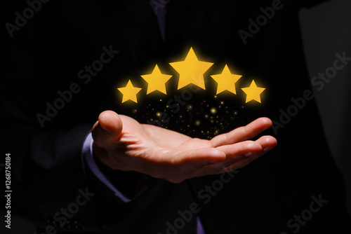 Customer Experience Concept, Best Excellent Services Rating for Satisfaction present by Hand of Client Showing excellent rating Five Star..