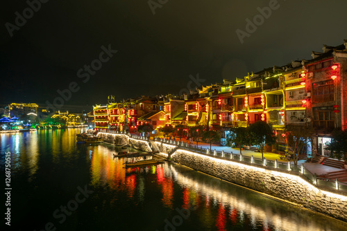 Night view of Zhenyuan Ancient Town, Guizhou, China photo