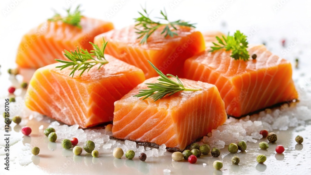 Fresh Salmon Fillets Garnished with Herbs and Spices on Ice Fresh Salmon Fillets Garnished with Herbs and Spices on Ice