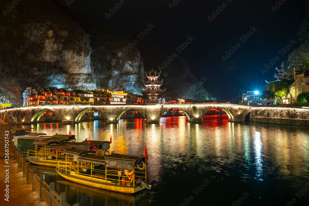 Night view of Zhenyuan Ancient Town, Guizhou, China