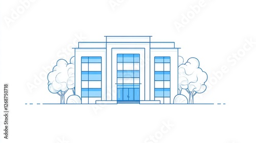 Outline drawing of modern office building with trees.  Possible use Business, architecture, design photo