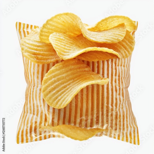 Crunchy Potato Chips in a Striped Bag on a Bright Background for Snack Lovers and Food Enthusiasts photo