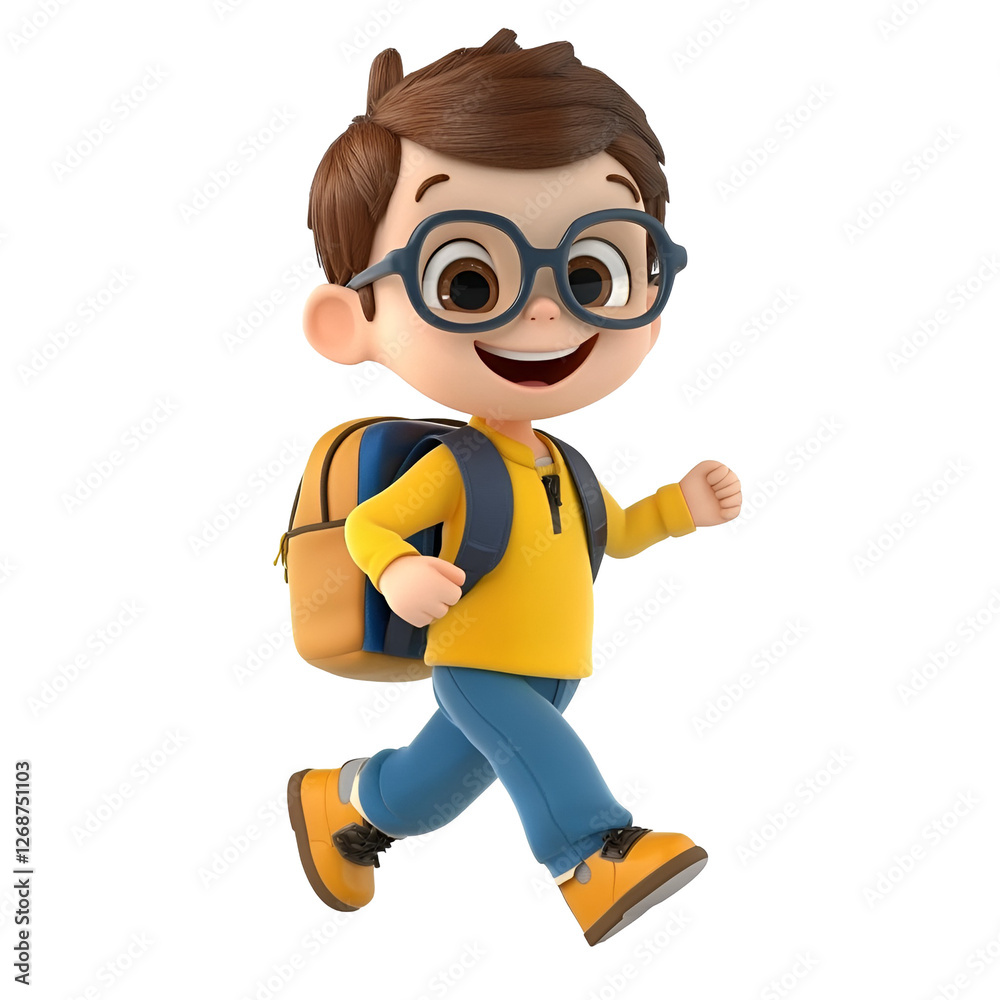 3D cartoon a cute little boy with glasses is walking 3D cartoon a cute little boy with glasses is walking