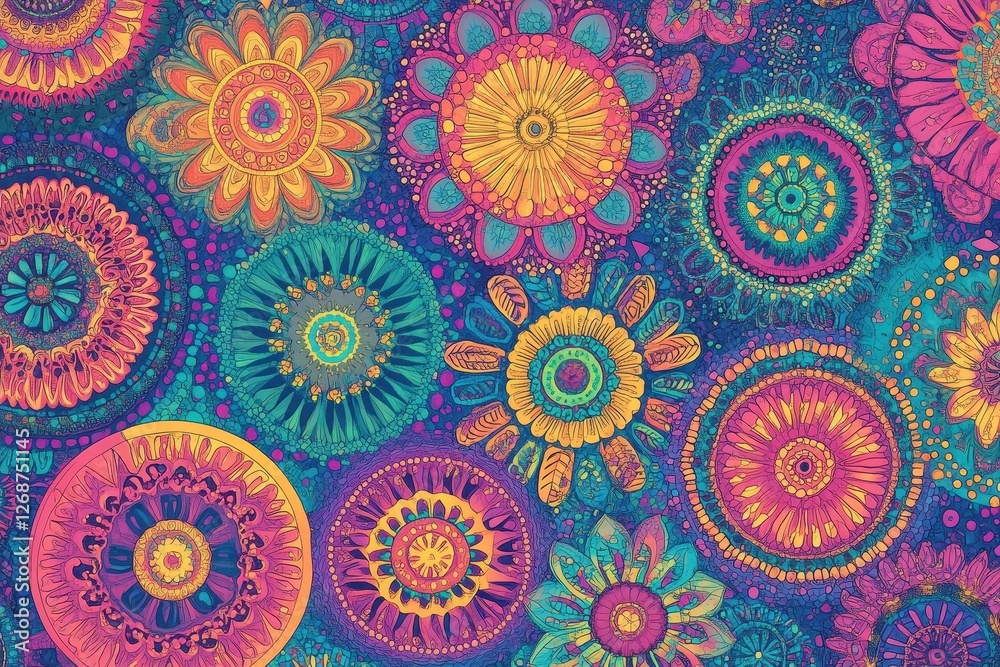 Colorful flower mandalas create a vibrant and intricate artistic pattern
