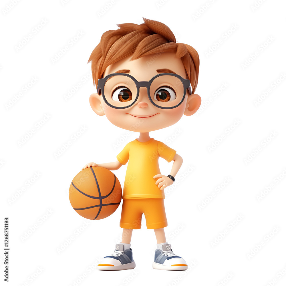 3D cartoon a cute little boy with glasses holding basket ball 3D cartoon a cute little boy with glasses holding basket ball