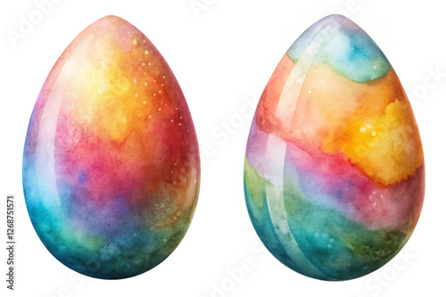 Colorful watercolor eggs, vibrant abstract patterns, artistic design, easter decoration, spring theme.