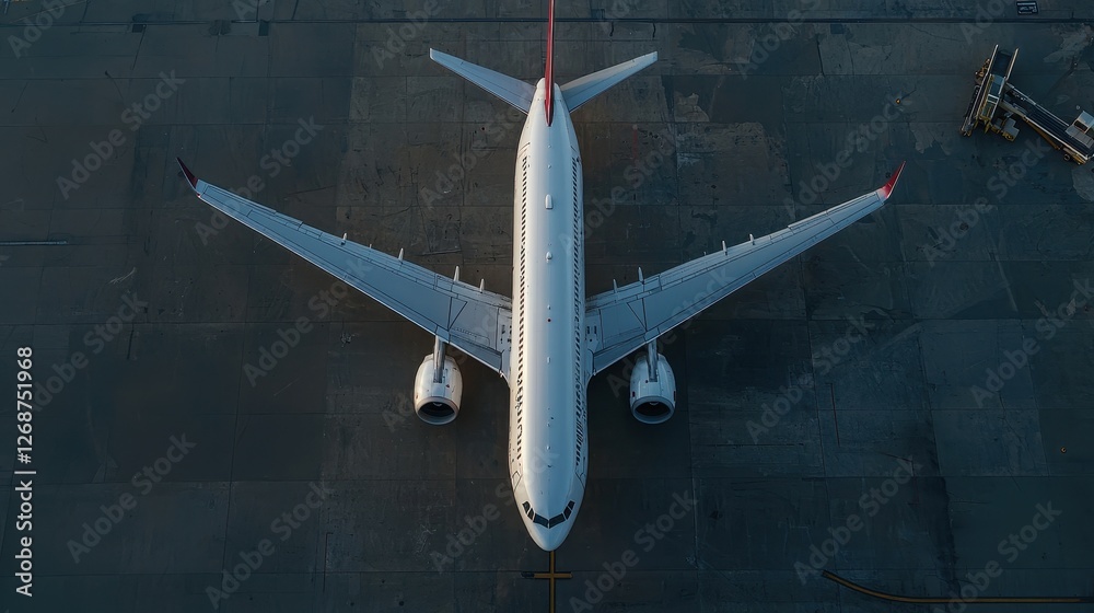 Aerial view of a passenger airplane on the tarmac, showcasing its sleek design and parked position, ready for boarding or takeoff. Aerial view of a passenger airplane on the tarmac, showcasing its sleek design and parked position, ready for boarding or takeoff.