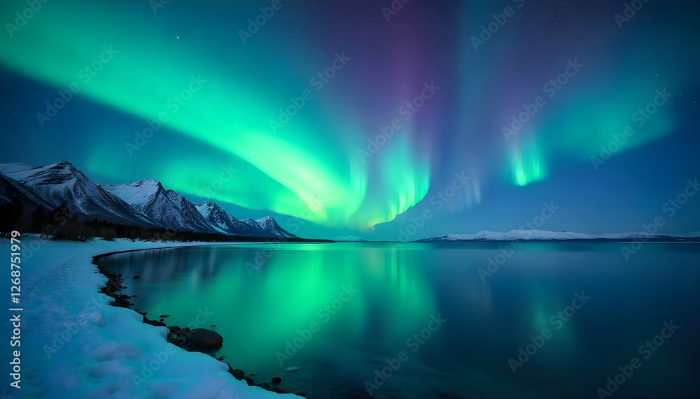 Naklejka premium The sky is filled with auroras and the water is calm. The scene is serene and peaceful, Aurora snowy mountains background