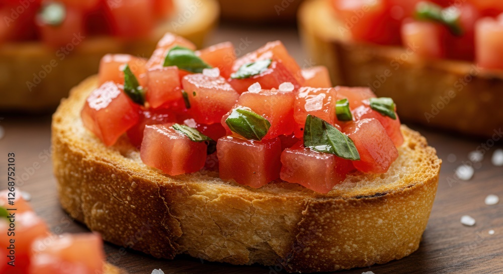 Bruschetta with Tomato and Basil Topping on Toasted Bread Bruschetta with Tomato and Basil Topping on Toasted Bread