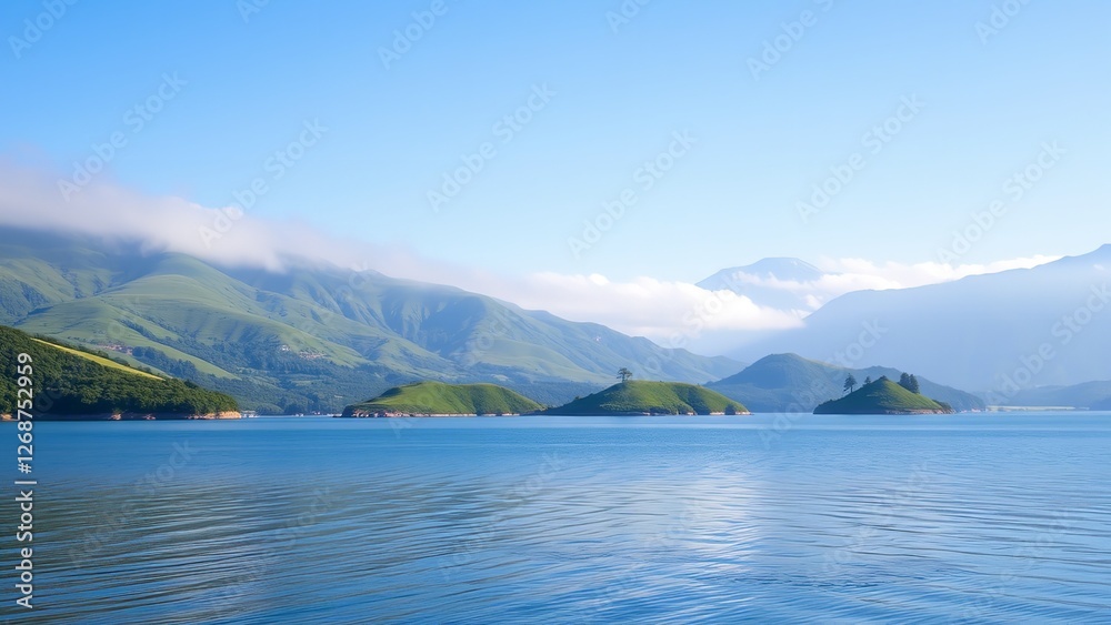 Naklejka premium a serene body of water surrounded by islands, with majestic mountains rising in the background