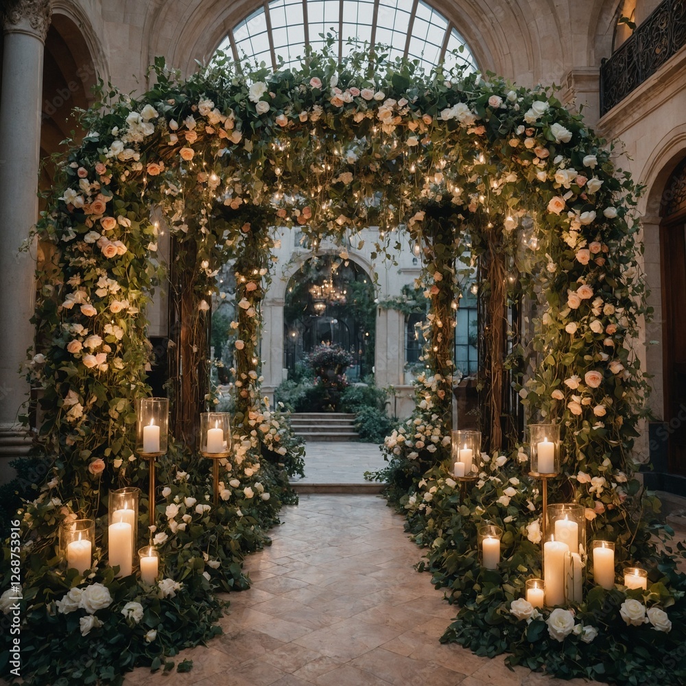 Fototapeta premium A fairytale-inspired floral entrance with enchanted ivy and twinkling lights.
