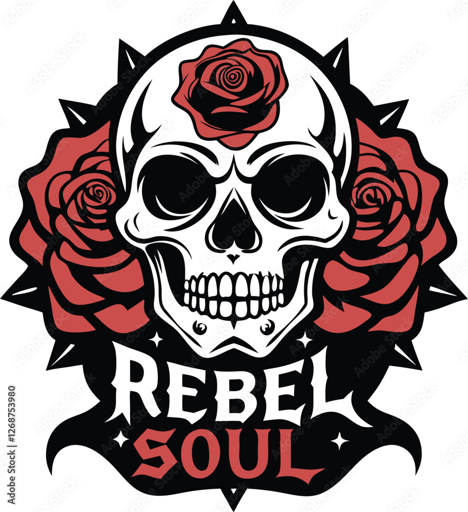 Obraz premium Gothic Skull and Roses T-shirt Design with Rebel Soul in Edgy Font, Gothic Skull Rose T-shirt, Edgy Rebel Soul Tee, Dark Gothic Apparel Design